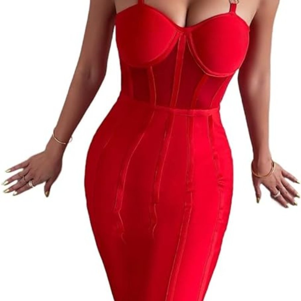 Red Top Chain Link Bandage Body Con Short Dress - Picture 5 of 14